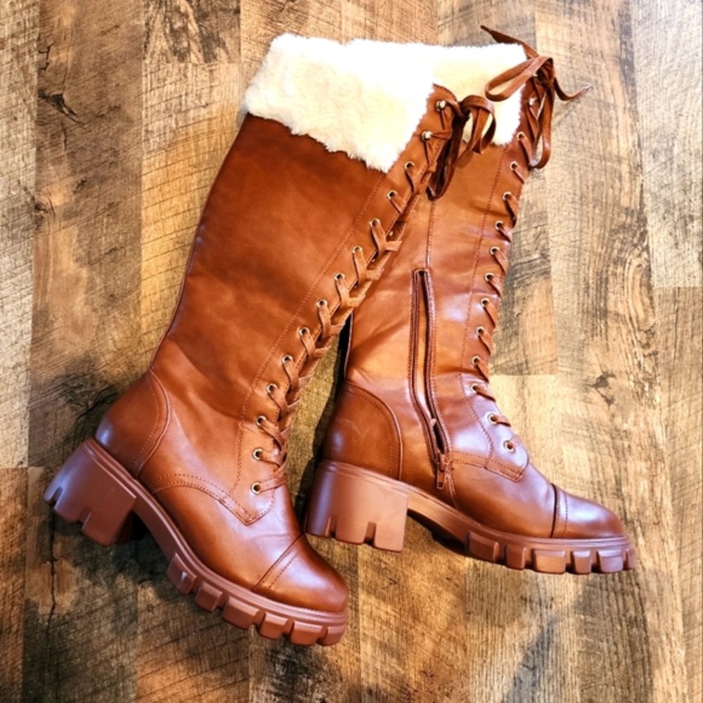 Machara Shoe Dazzle Brown Knee High Boots with Faux Fur - Size 8